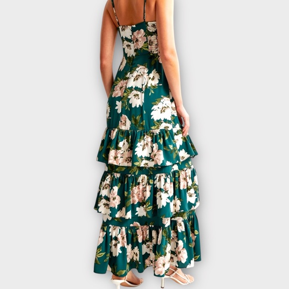 Abercrombie & Fitchburg Green Maxi Dress SZ S Floral Ruffle Tier Women Coquette - Picture 2 of 9